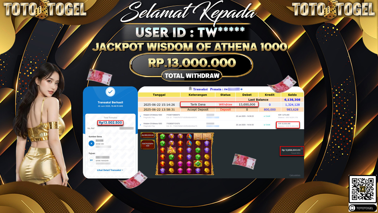 Bukti Pembayaran Jackpot Permainan Slot Wisdom Of Athena 1000 ID:TW***** LUNAS