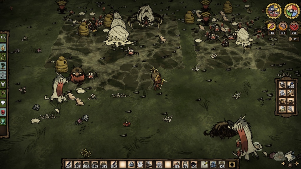 Персонажи убегают от монстра в Don't Starve Together