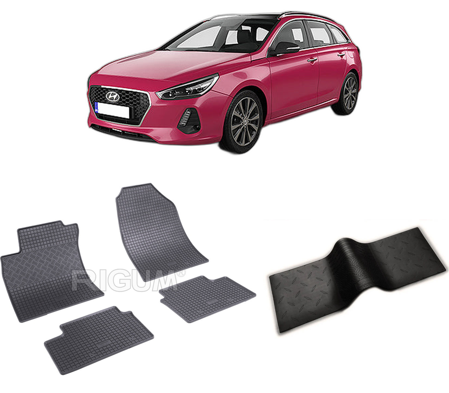Set covorase auto HYUNDAI I30 III din 07.2017-PREZENT, cu covoras tunel median, CAROSERIE COMBI, Presuri cauciuc 100%, compatibil cu autoturismul HYUNDAI I30 III, Rigum
