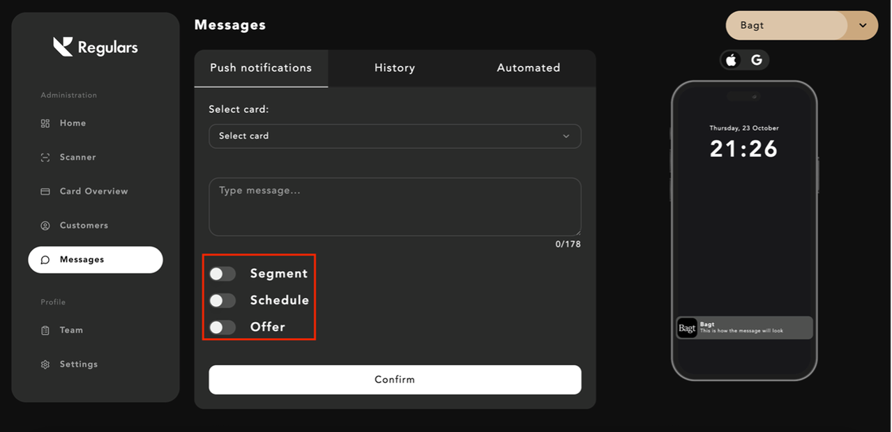 Gammelt beskedflow i Regulars dashboard