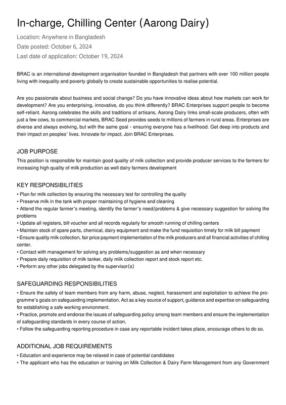 In-charge, Chilling Center (Aarong Dairy)-1