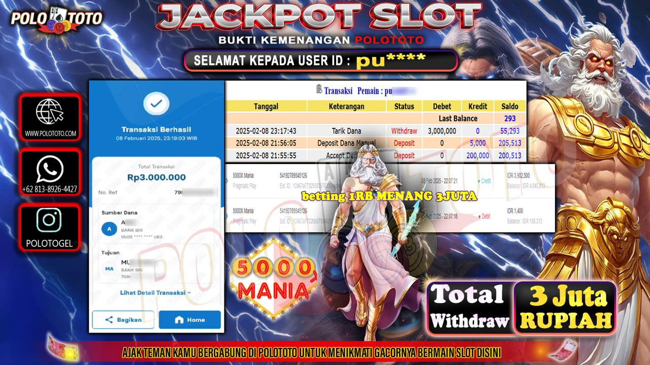 POLOTOTO JACKPOT SLOT GATES OF OLYMPUS Rp.3,000.000,-