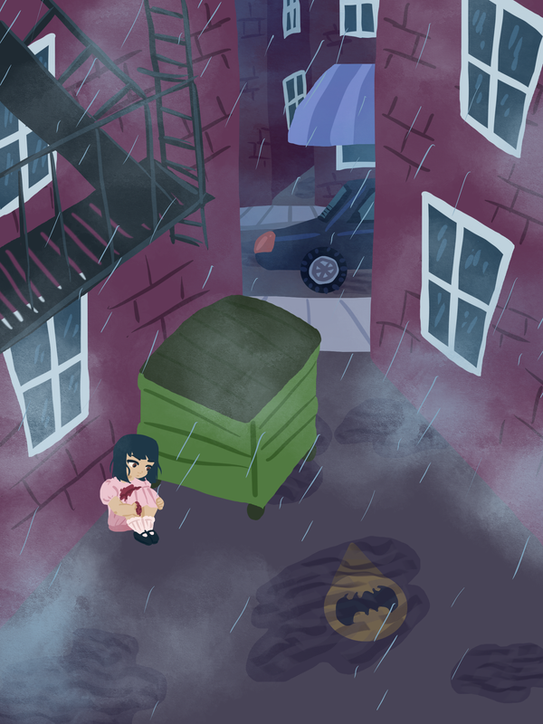 A young Cass under a fire escape staring at a puddle with a reflection of the batsignal