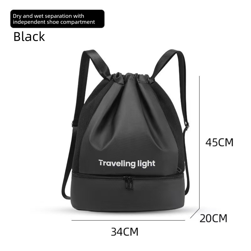 Black Waterproof Drawstring Swimming Backpack with Wet Dry Separation and Shoe Compartment for Gym and Yoga Organized Gear Bag for Local Active Lifestyles