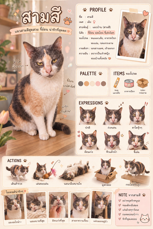Cute Cat Character Profile Infographic (Calico Female, 9:16)