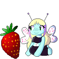 Light blue humanoid with antenna and pixie wings, sitting on knees next to a strawberry, wearing a simple crop top and some leggings. the hair is blonde with two pink and purple raccoon tails on each side of her hair