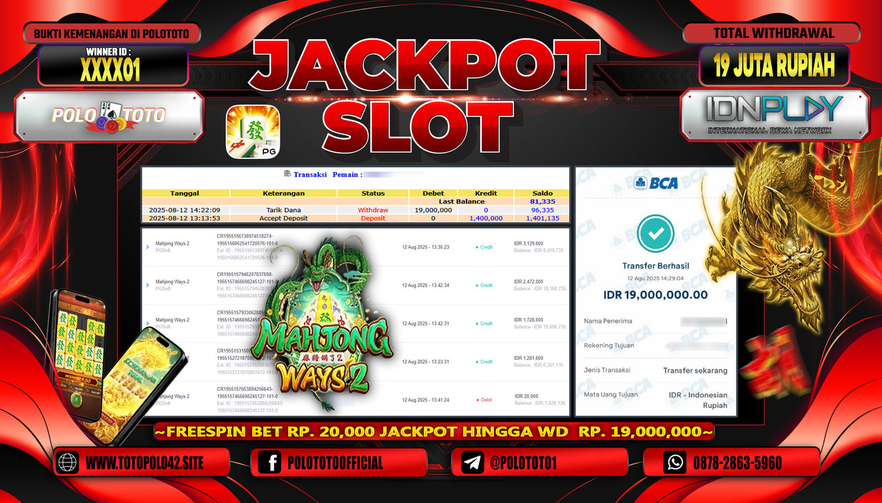 POLOTOTO JACKPOT SLOT MAHJONG WAYS 2 Rp.19.000.000,-LUNAS