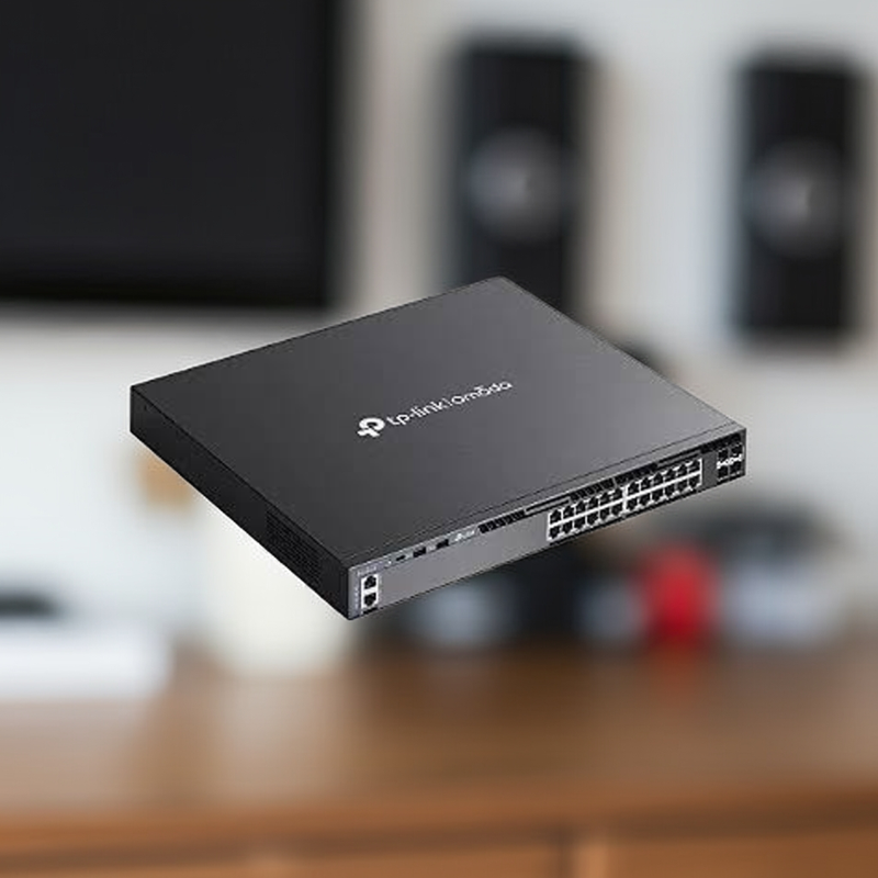 Close-up dos 4 slots SFP+ de 10Gbps para uplinks de alta velocidade