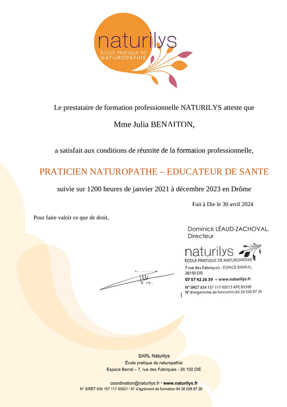 Attestation de formation de Julia Benaiton