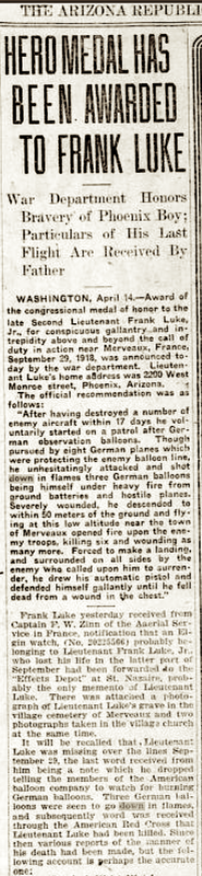 04-15-1919, Frank Luke Medal, Arizona Republican.1