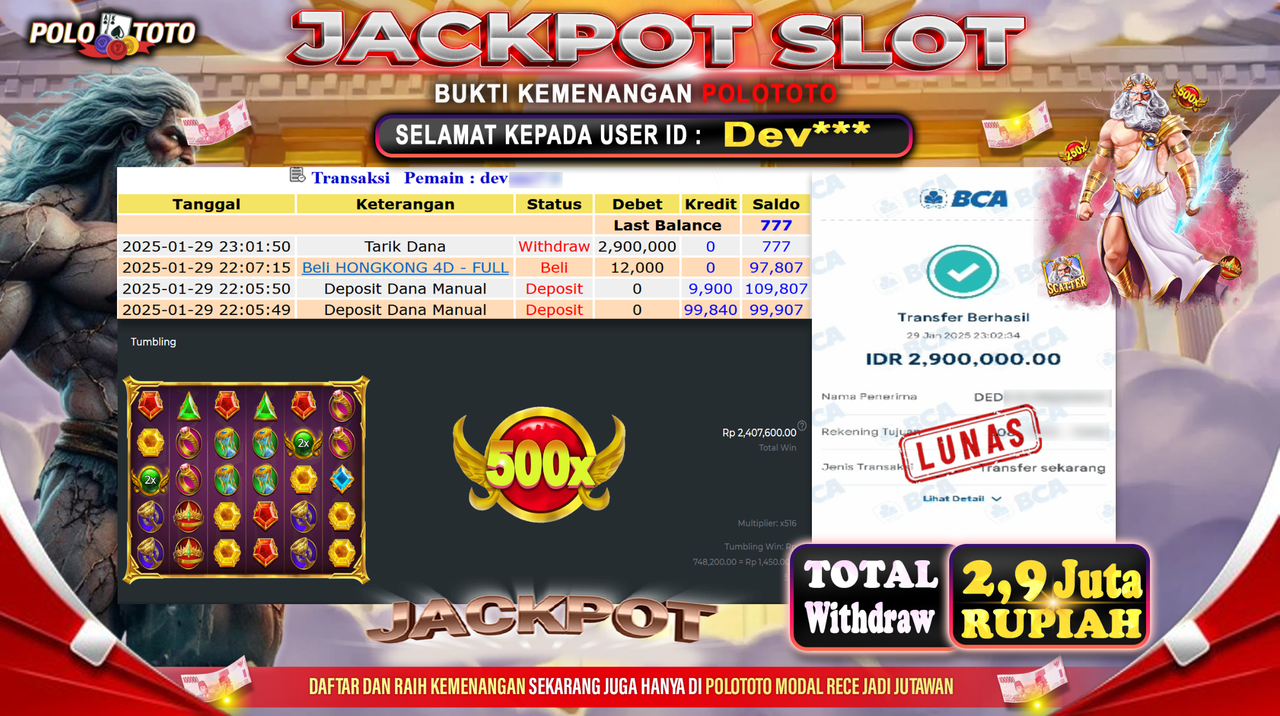 POLOTOTO JACKPOT SLOT GATES OF OLYMPUS Rp.2,900.000,-