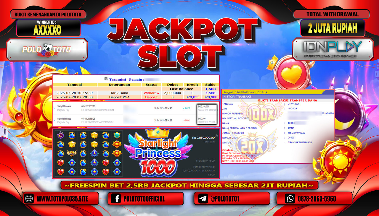 POLOTOTO JACKPOT SLOT STARLIGHT PRINCESS  Rp.2.000.000,-LUNAS