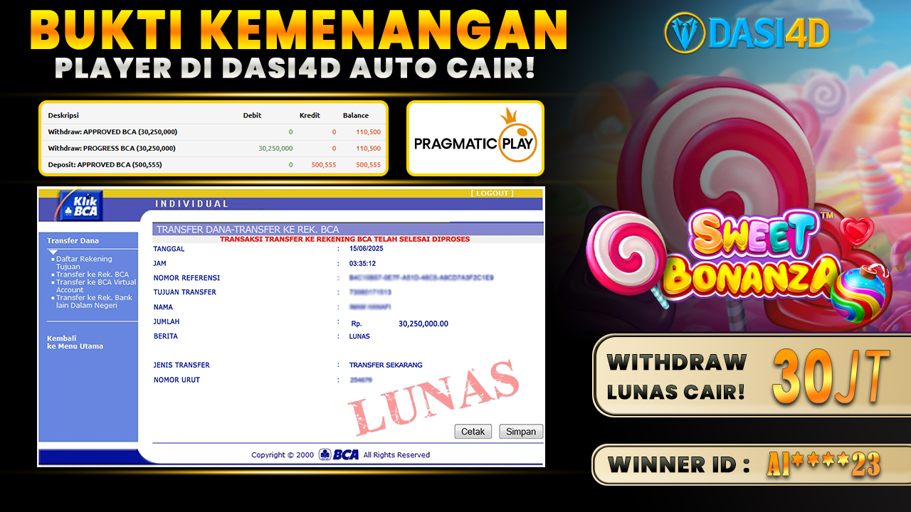 BUKTI KEMENANGAN 15 JUNI 2025 DI SWEET BONANZA WD 30 JUTA