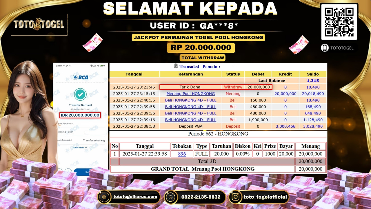 Bukti Pembayaran Jackpot  Permainan Togel Pool Hongkong ID:GA***8* LUNAS