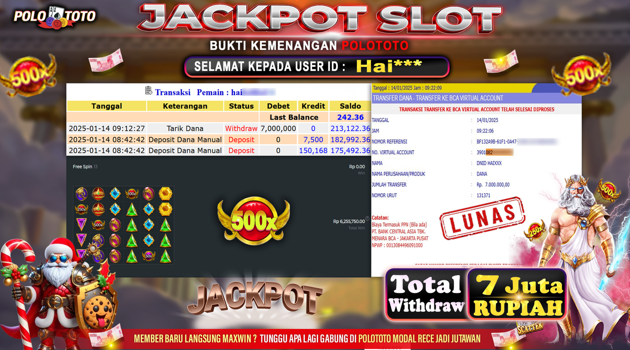POLOTOTO JACKPOT SLOT GATES OF OLYMPUS 1000 Rp.7,000.000,-