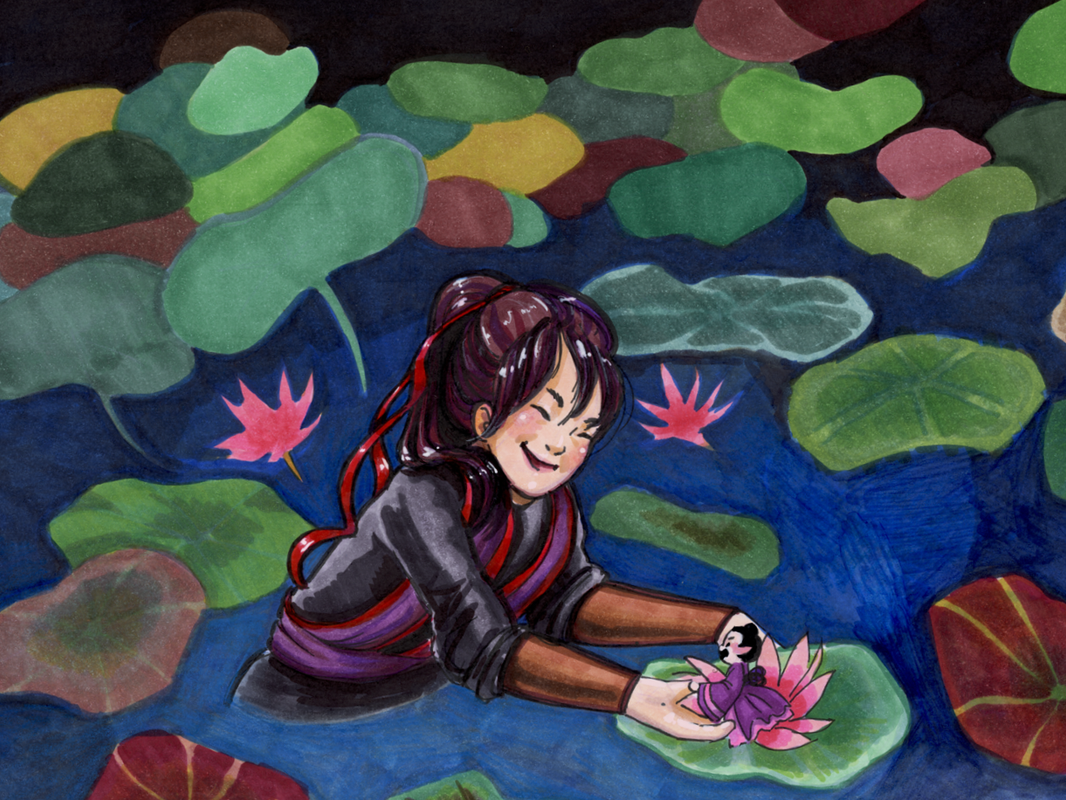 In a lotus pond, Yunmeng Jiang disciple Wei Ying plucks a very annoyed lotus fairy A-Cheng.