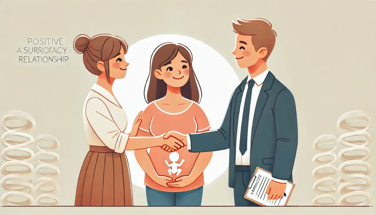 Illustration of intended parents and surrogate showing empathy and gratitude, emphasizing the emotional support in surrogacy.