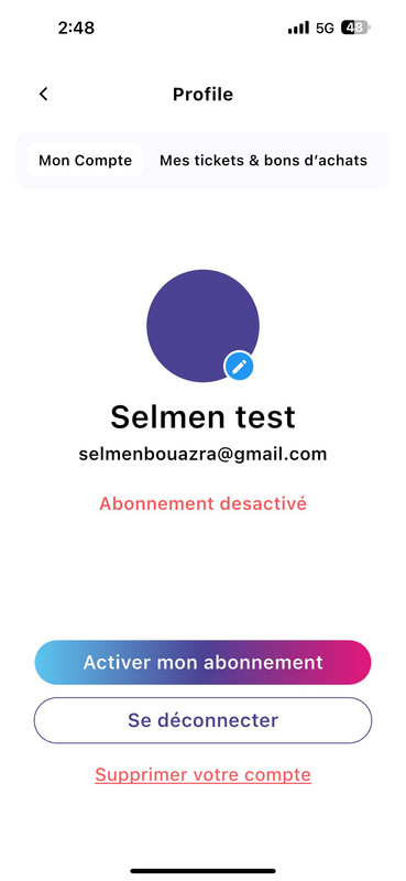 Écran de Profil Purpi avec bouton Activer mon abonnement