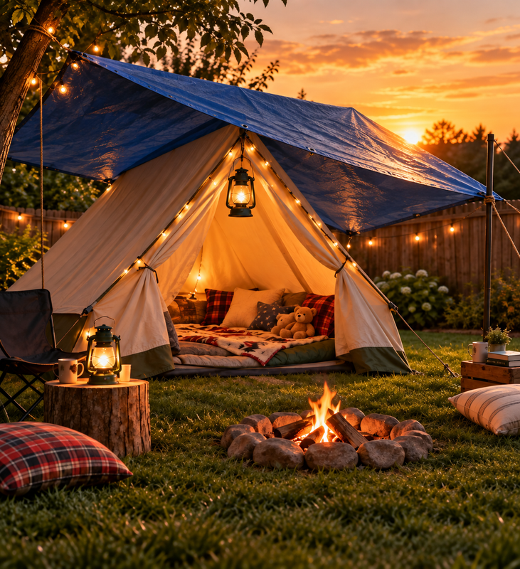 Cozy outdoor campsite under a blue tarp