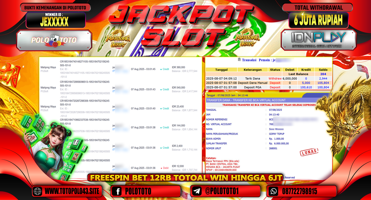 POLOTOTO JACKPOT SLOT MAHJONG WAYS Rp.6.000.000,-LUNAS