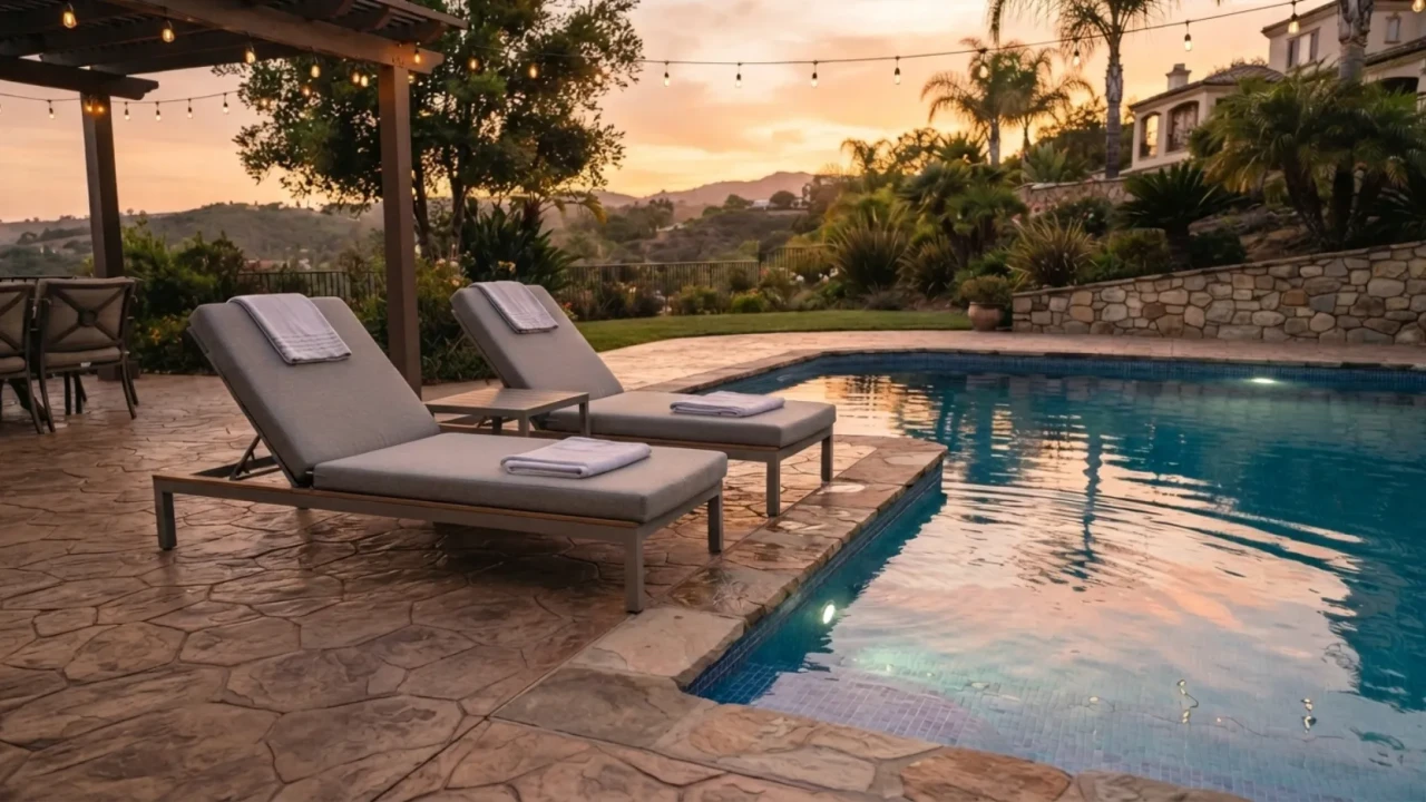 People relaxing on a stamped stone look concrete pool deck around a swimming pool