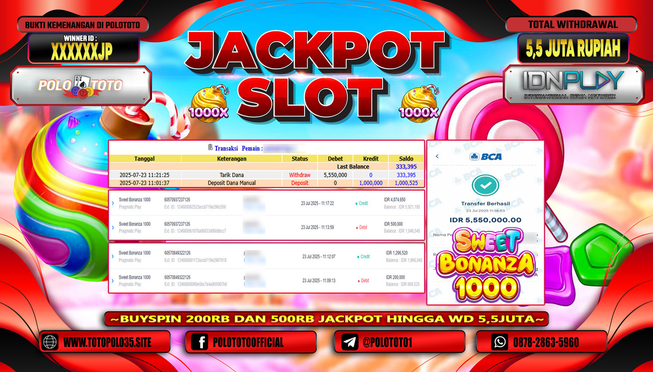 POLOTOTO JACKPOT SLOT SWEET BONANZA 1000 Rp.5.500.000,- LUNAS