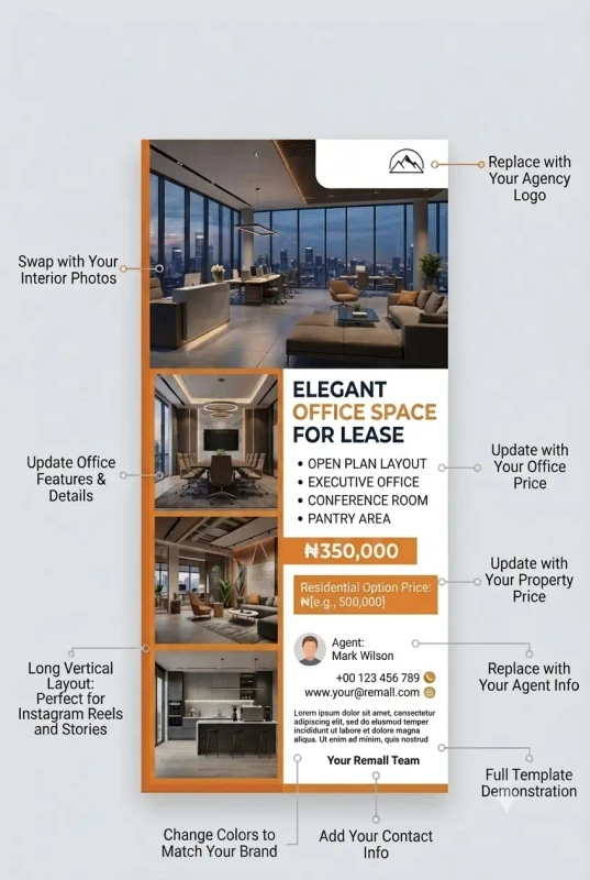 Sample Office Space Canva template with customization arrows