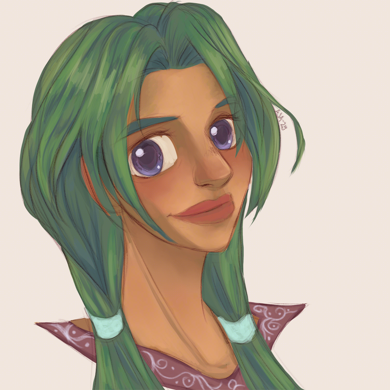 A portrait of the angel Jophiel, who has light brown skin, violet eyes, green hair put in loose low pigtails, and a decorated red collar.