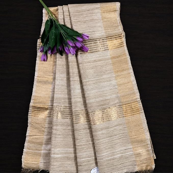 Women's Gheecha Silk Saree with Stripe Pattern & Unstitched Blouse Piece