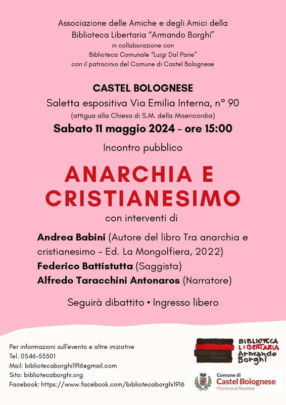 Sabato 11 maggio Incontro pubblico su Anarchia e Cristianesimo