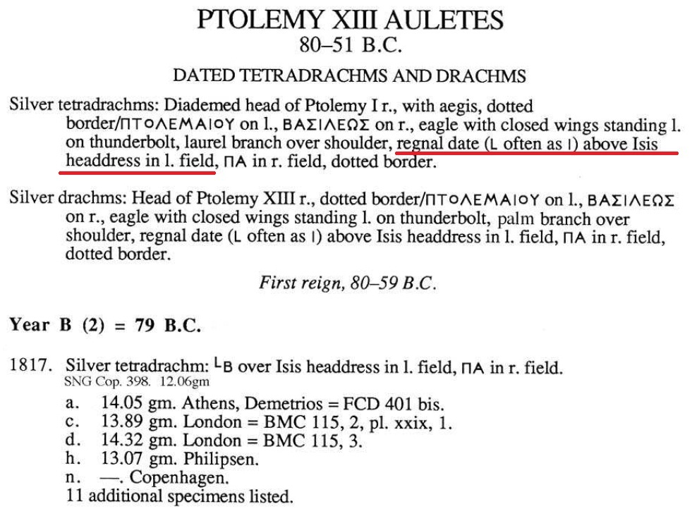 Tetradracma de Cleopatra VII. ΠTOΛEMAIOY ΒΑΣΙΛΕΩΣ. Alejandría Ptolemy-xiii-b