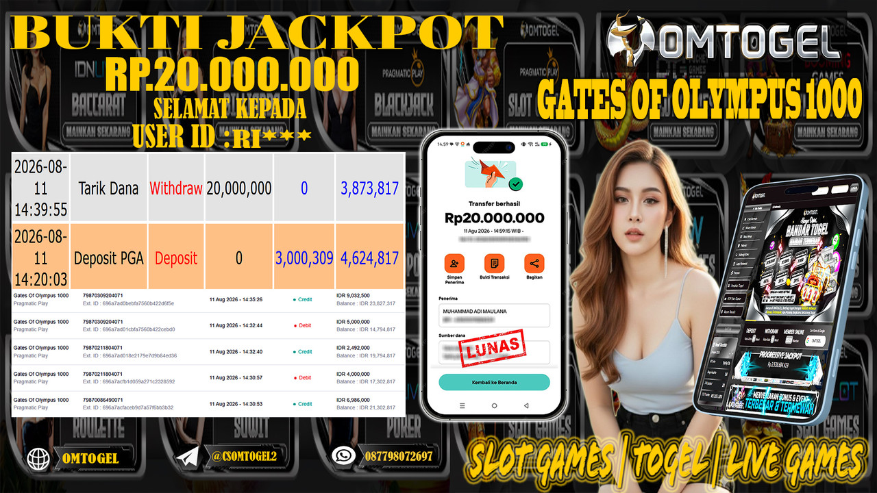 OMTOGEL JACKPOT PRAGMATICPLAY GATES OF OLYMPUS 1000  Rp,20,000,000,- DIBAYAR LUNAS