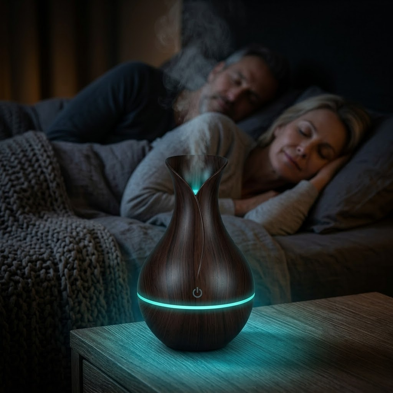 Pareja durmiendo con humidificador encendido en la mesita de luz