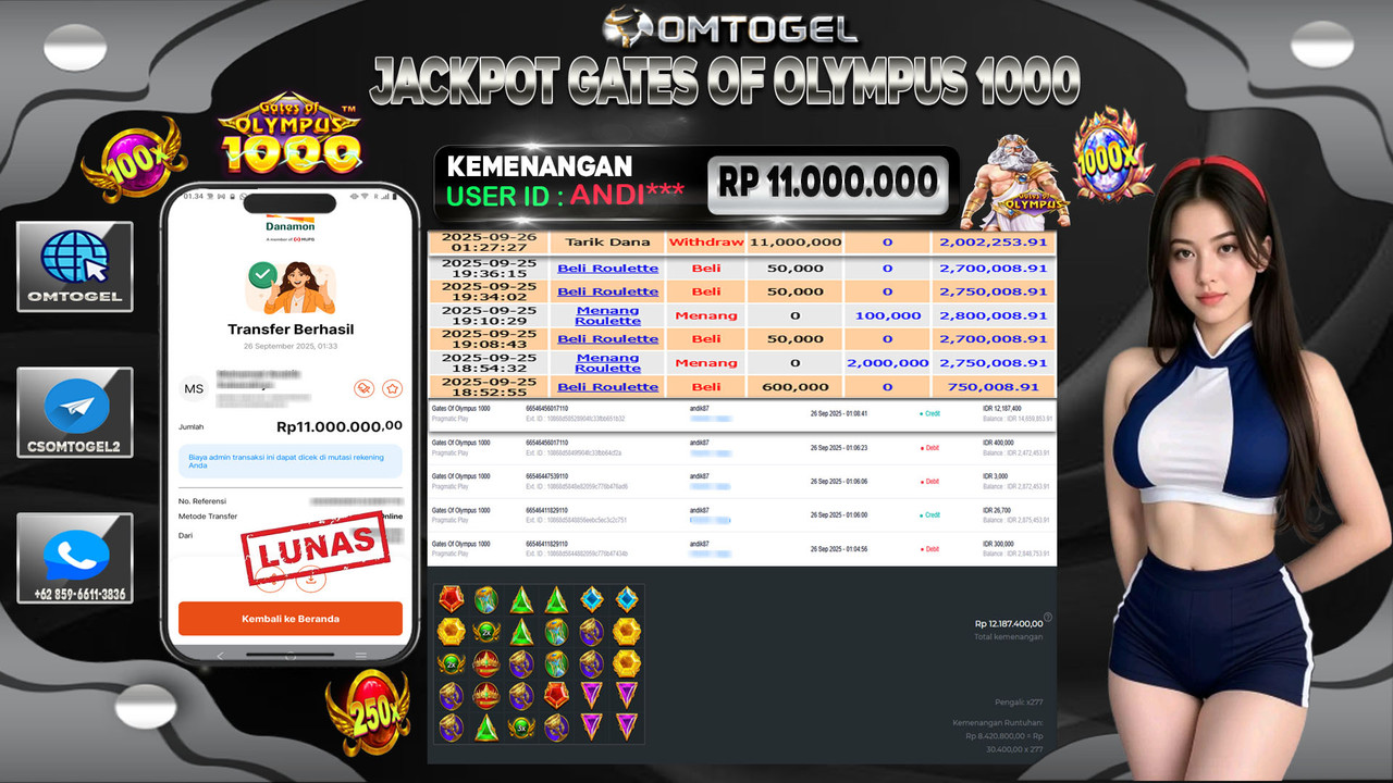 OMTOGEL JACKPOT PRAGMATIC PLAY GATES OF OLYMPUS 1000 11 JUTA DI BAYAR LUNAS ,-