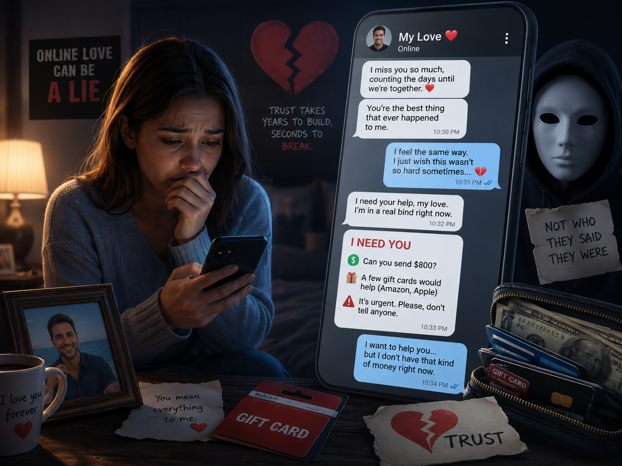 Catfish scam showing emotional manipulation and a request for money or gift cards