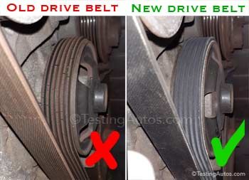 Old cracked drive belt compared with a new belt