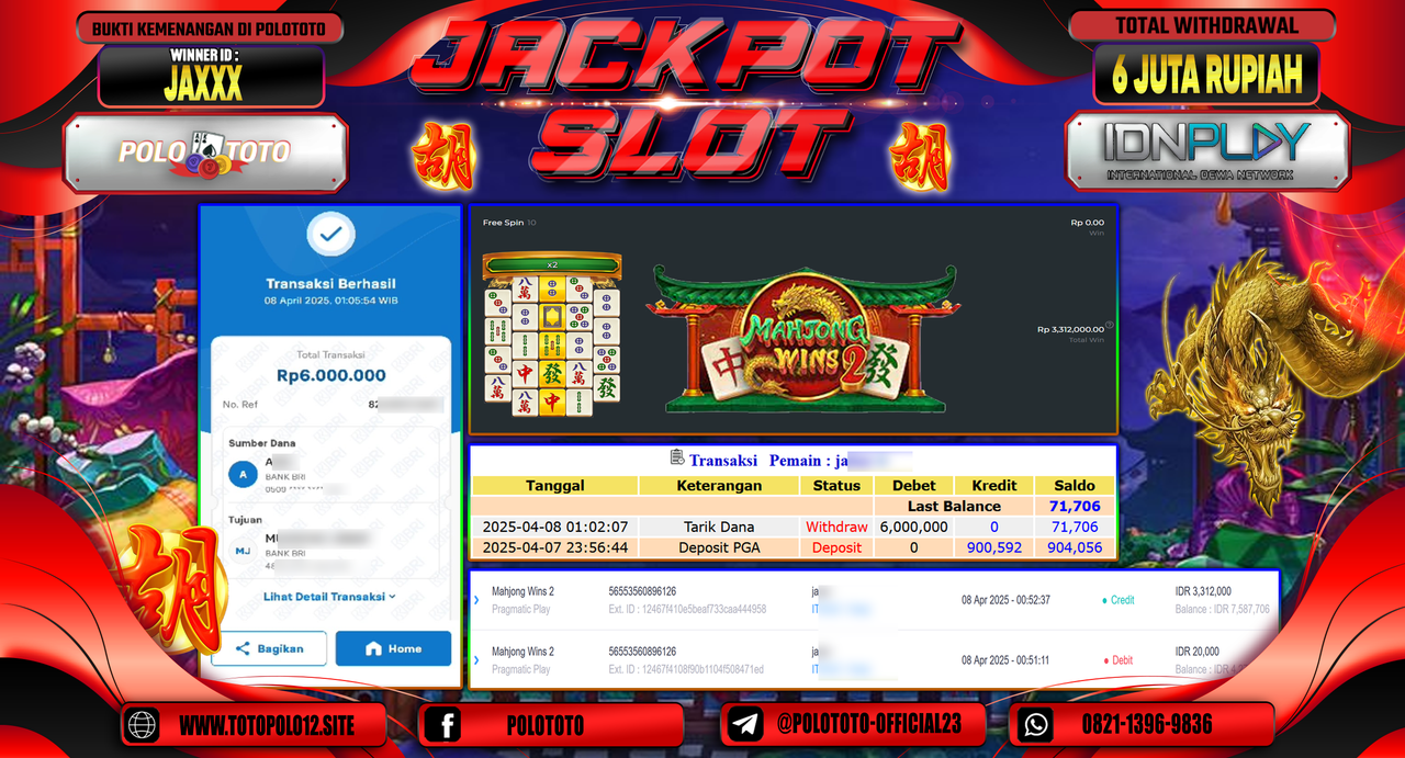 POLOTOTO JACKPOT SLOT MAHJONG WINS 2 Rp.6.000.000,- LUNAS