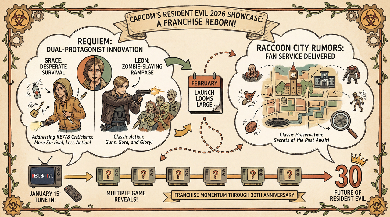 Resident Evil Showcase Packs Multiple Reveals - Requiem Deep Dive + Surprise Game 1 Dark zombie horror atmosphere representing Resident Evil survival horror gameplay