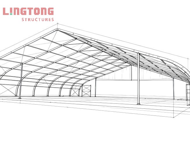 Equestrian tent with curved roof design for horse training and events