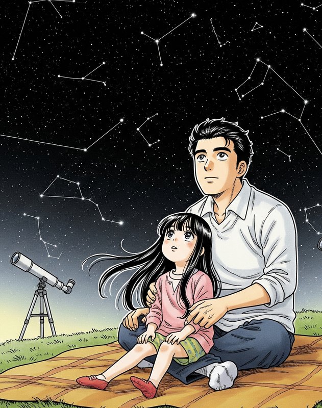 ni�a y su padre observando las constelaciones del cielo con telescopio