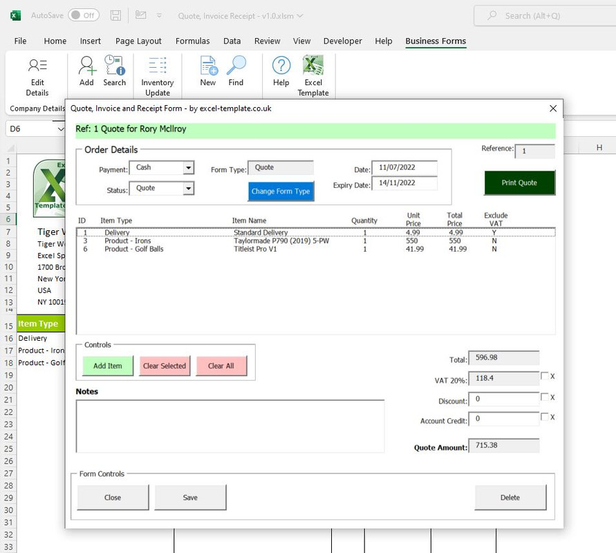 Microsoft Excel Spreadsheet Quote, Invoice, Receipt Generator and Database