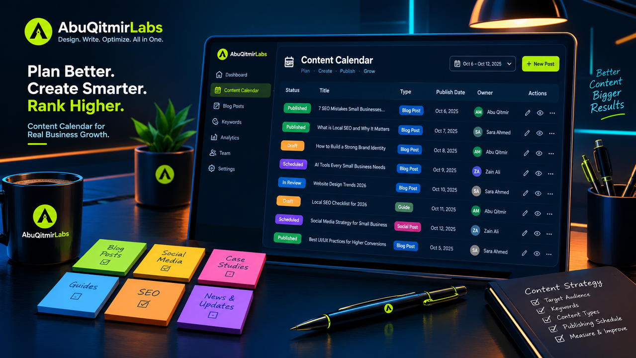 A structured content calendar spreadsheet next to a bright, organized workspace with sticky notes