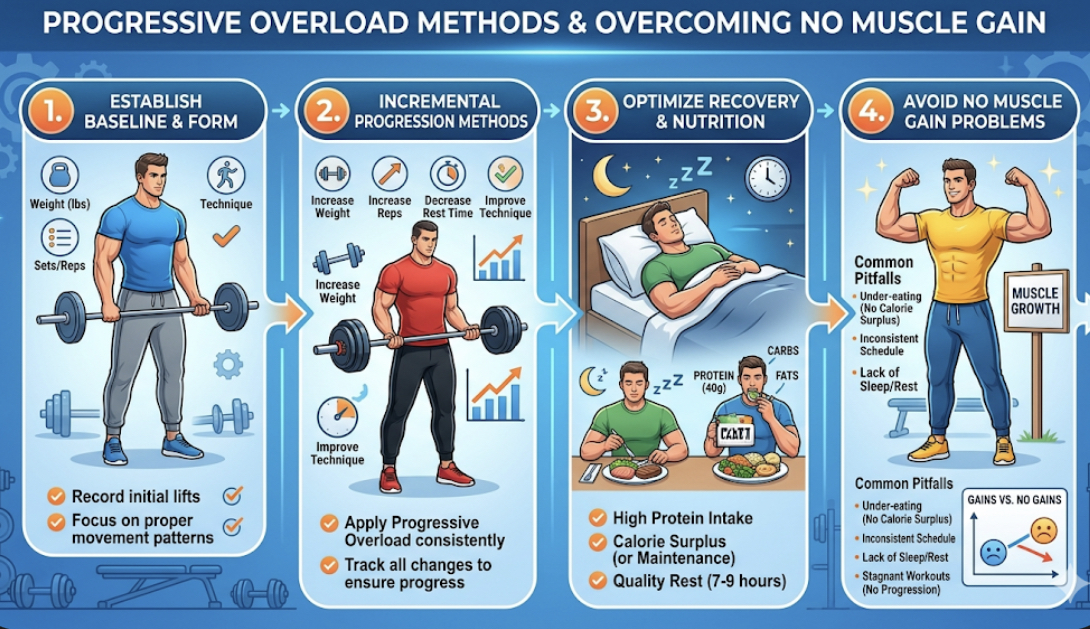 Infographic showing progressive overload methods including adding weight, increasing reps, adding sets, and reducing rest time, explaining muscle growth problems