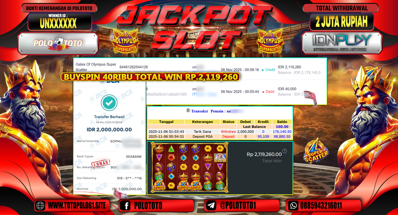 POLOTOTO JACKPOT SLOT GATES OF OLYMPUS SUPER SCATTER Rp.2.000.000,- LUNAS