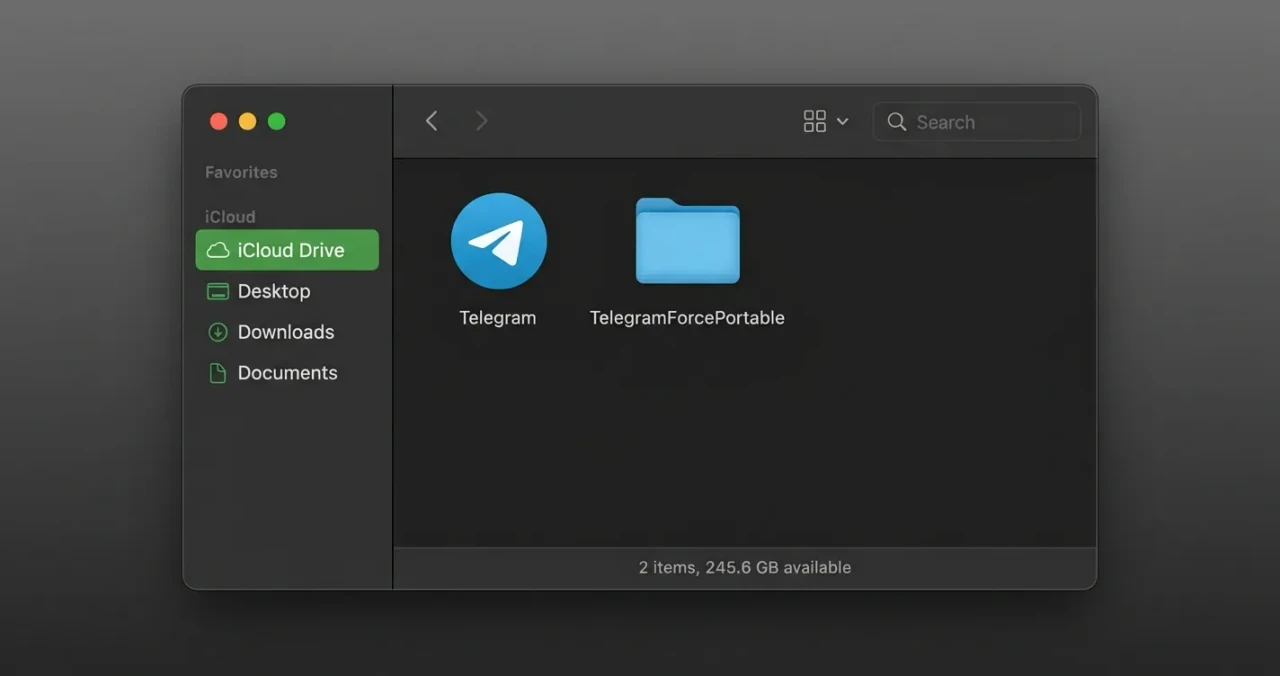Окно Finder на macOS с приложением и папкой TelegramForcePortable