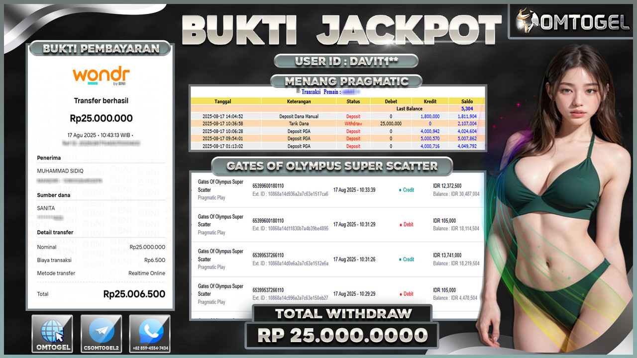 OMTOGEL JACKPOT PRAGMATIC PLAY GATES OF OLYMPUS SUPER SCATTER 25 JUTA DI BAYAR LUNAS ,-