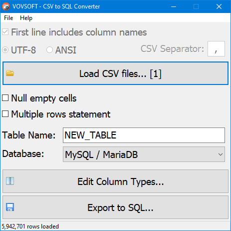 VovSoft CSV to SQL Converter v2.0