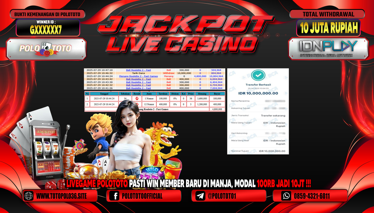 POLOTOTO JACKPOT LIVE CASINO ROULETTE 2 - FAST GAMES Rp.10.000.000,-LUNAS