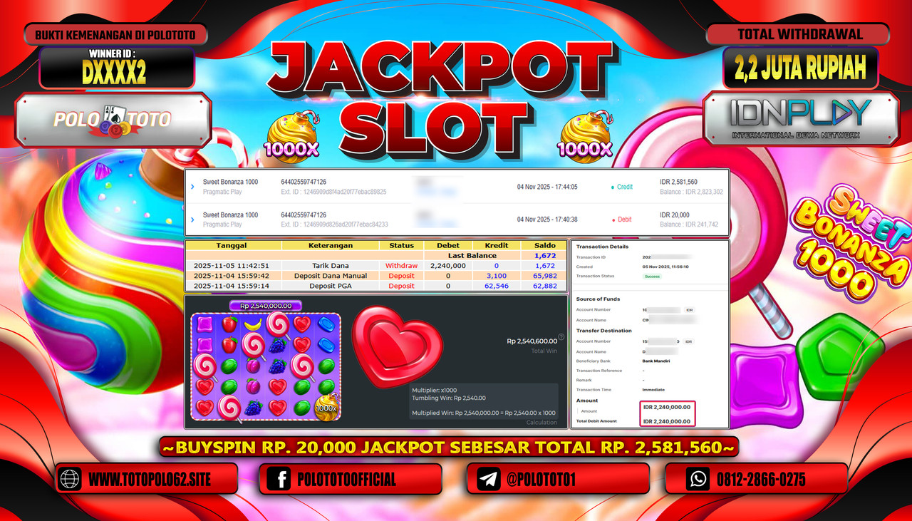 POLOTOTO JACKPOT SLOT SWEET BONANZA 1000 Rp.2.200.000,- LUNAS