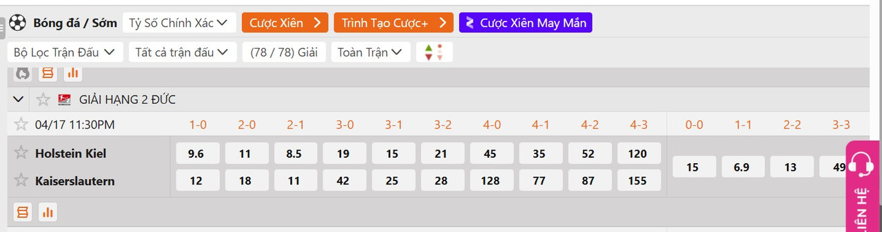 Tỷ lệ tỷ số chính xác Holstein Kiel vs FC Kaiserslautern